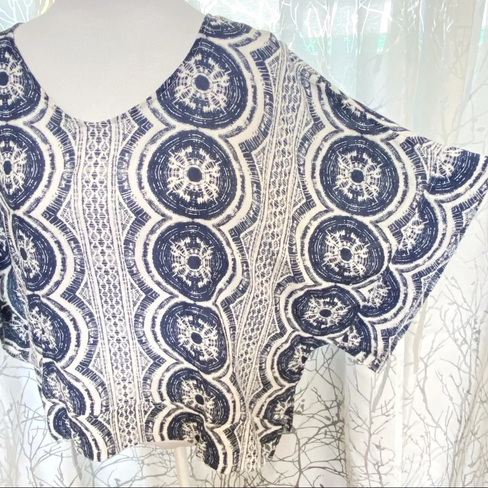 Roxy Koggala blue white print wide kimono short sleeve scoop neck top shirt - Picture 5 of 11
